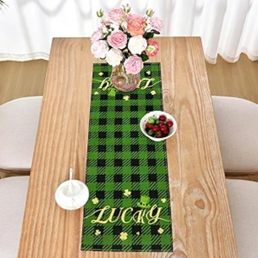 EEIVS St. Patrick's Day Green and Black Plaid Lucky Table Runner 13x36 Inches